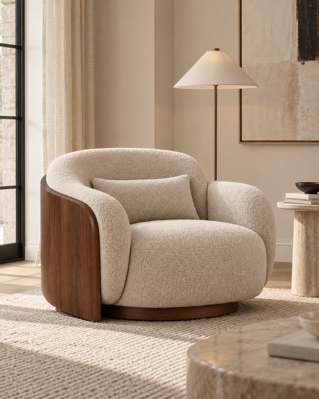 Ivory Curved Wood Shell Lounger Chair